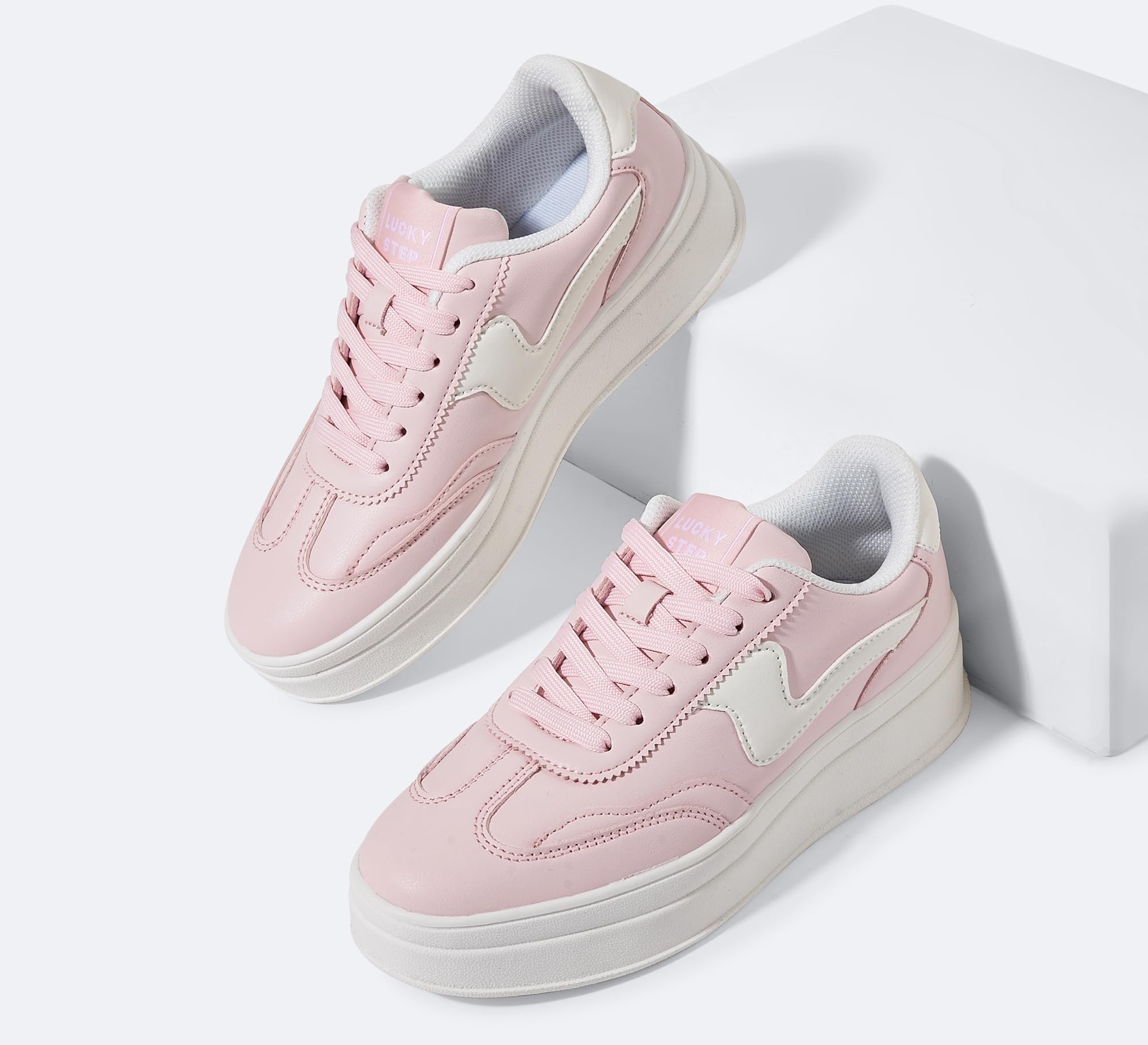 LUCKY STEP Women’s Platform Fashion Sneakers Thick Sole Suede Faux Leather Classic Rubber Gum Sole Low Top Casual Walking Shoes